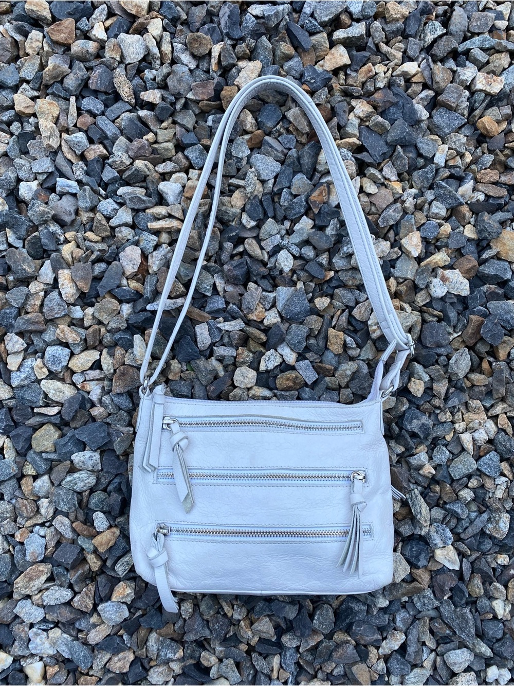 Genuine Leather Vintage Light Gray Shoulder Bag with Triple Zipper Pockets